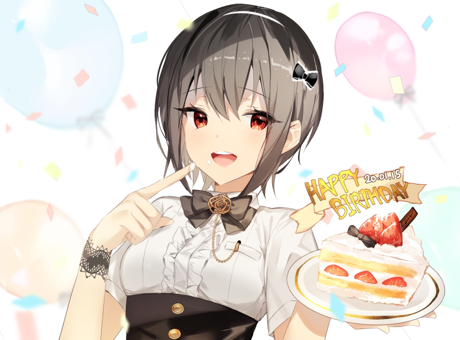 black_hair, blush, bow, cake, food, fruit, original, red_eyes, short_hair, strawberry, wristwear, yuhi_(hssh_6)