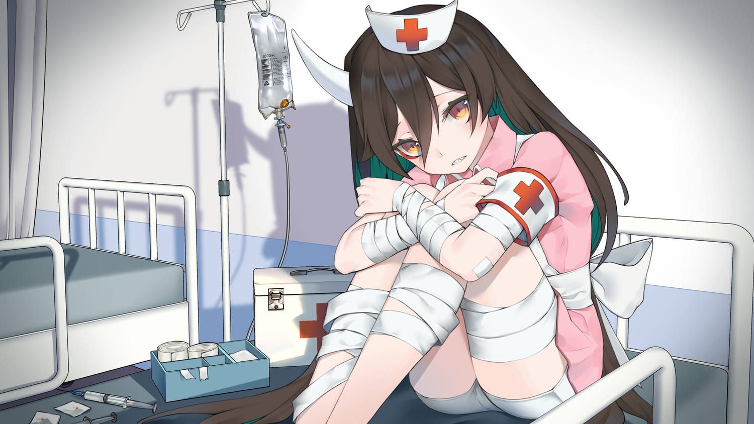 apron, bandage, bed, brown_hair, headdress, horns, long_hair, nurse, orange_eyes, original, shorts, slumcat