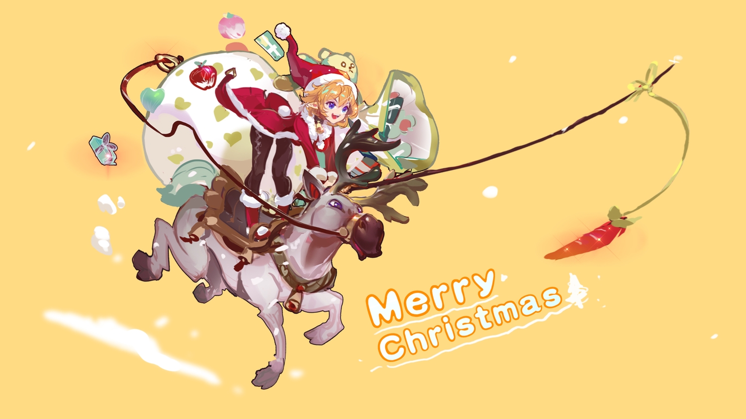 apple, blue_eyes, christmas, dress, food, fruit, hat, horns