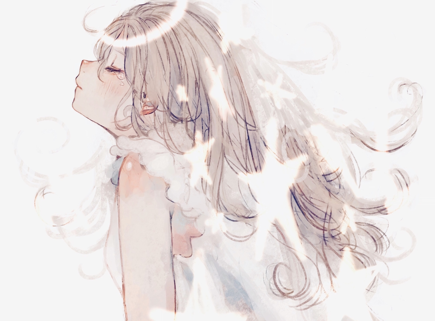 blush, crying, gray_hair, halo, long_hair, orie_h, original, polychromatic, sketch, stars, tears