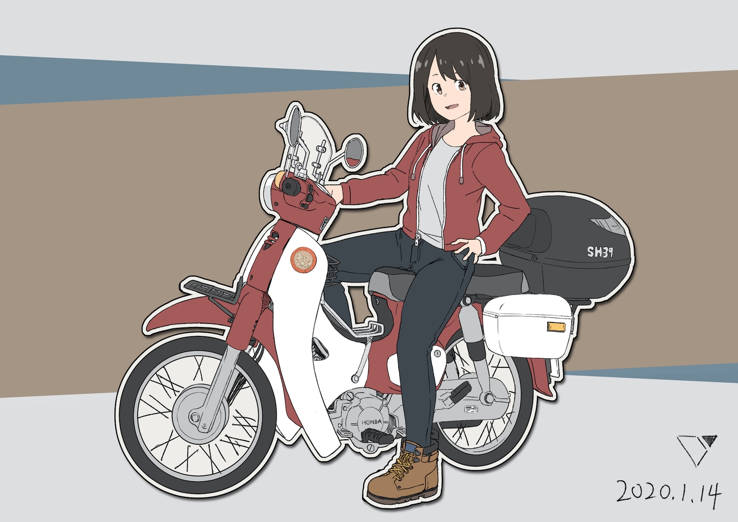black_hair, brown_eyes, hood, motorcycle, original, short_hair, triangle_bullet, watermark