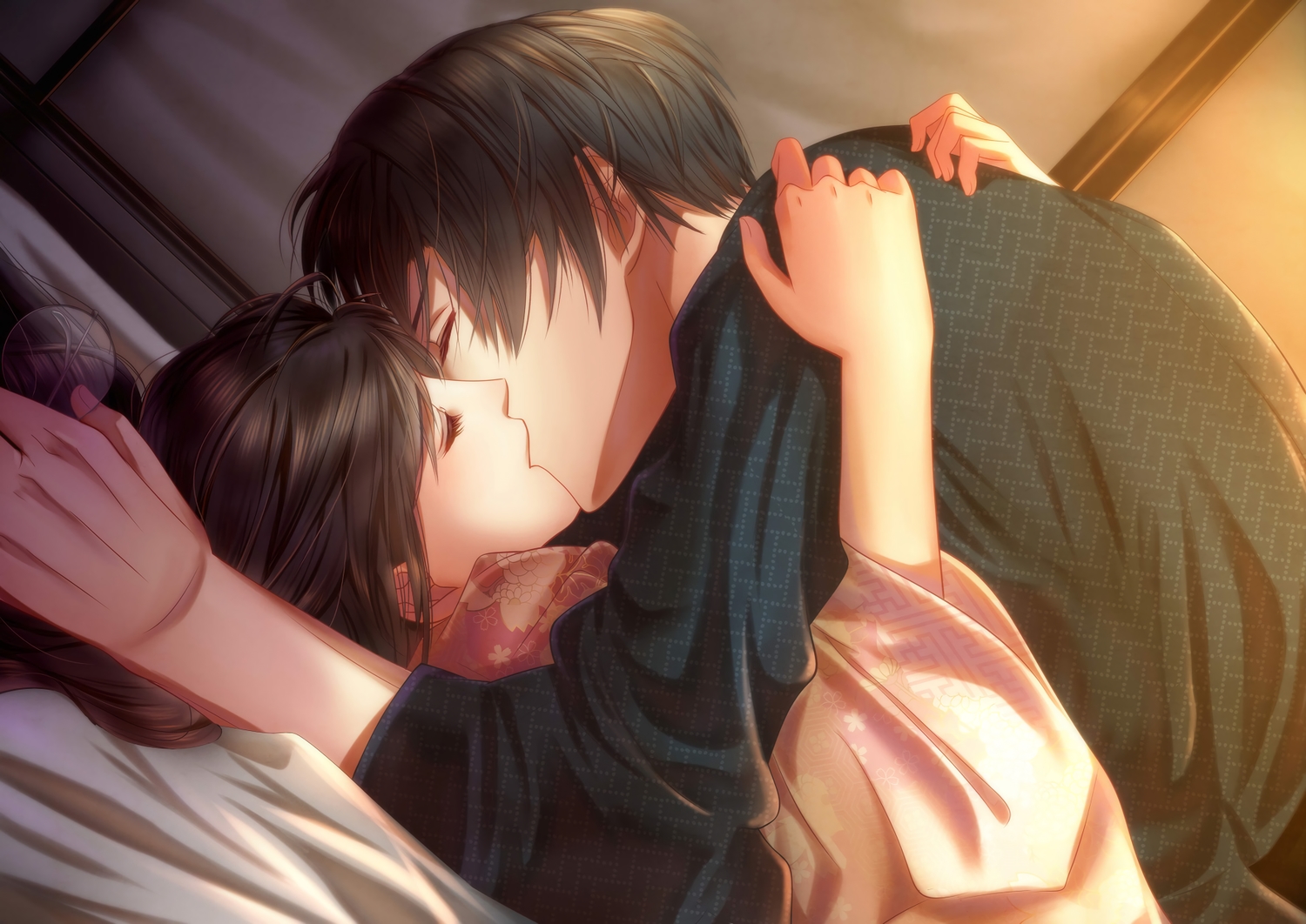 bed, black_hair, glasses, hug, izumi_(stardustalone), japanese_clothes, kiss, long_hair, male, original, renri_no_chigiri_wo_kimi_to_shiru, short_hair