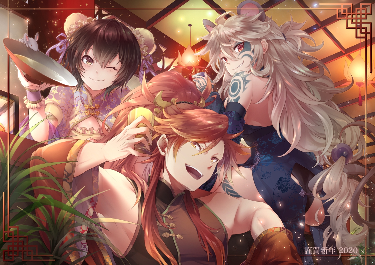animal, black_hair, blush, brown_eyes, chinese_clothes, chinese_dress, dress, drink