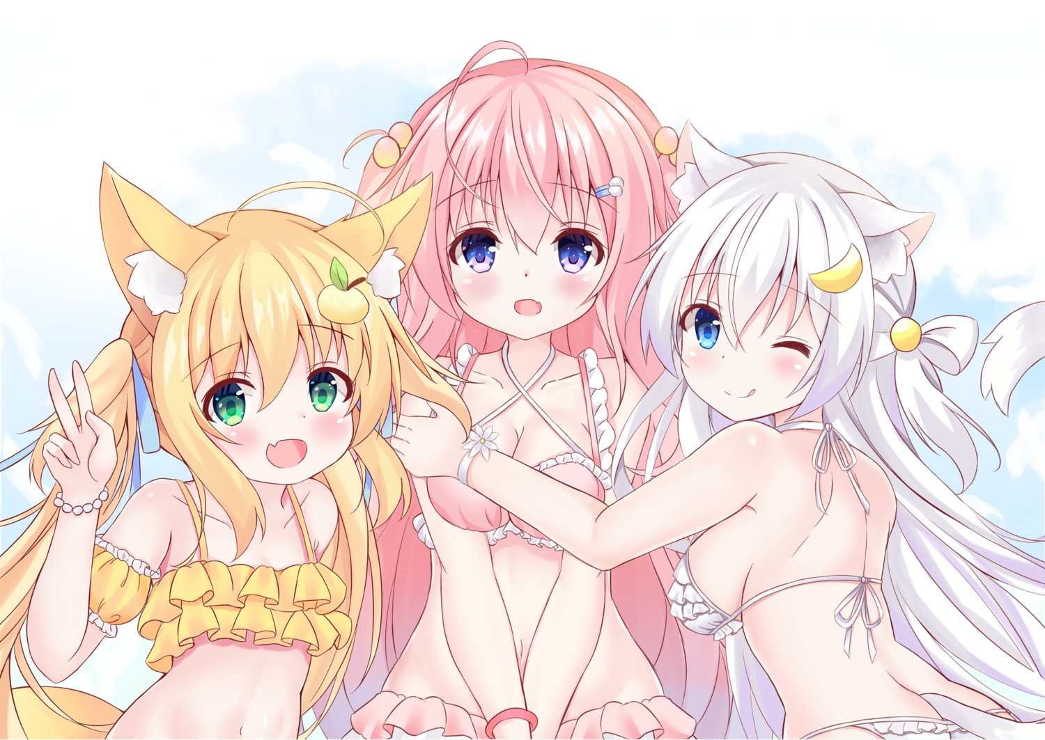 animal_ears, bikini, blonde_hair, blue_eyes, breasts, catgirl, cleavage, green_eyes, kurashina_yuzuki, loli, long_hair, original, pink_hair, swimsuit, tail, twintails, white, white_hair
