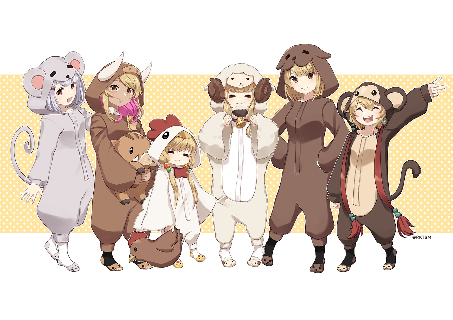 andira_(granblue_fantasy), anila_(granblue_fantasy), animal_ears, bell, brown_eyes, brown_hair, cat_smile, dark_skin, granblue_fantasy, gray_hair, group, hood, horns, kuvira_(granblue_fantasy), loli, mahira_(granblue_fantasy), pajamas, rktsm, sheepgirl, short_hair, signed, tagme_(character), tail, twintails, vajra_(granblue_fantasy)
