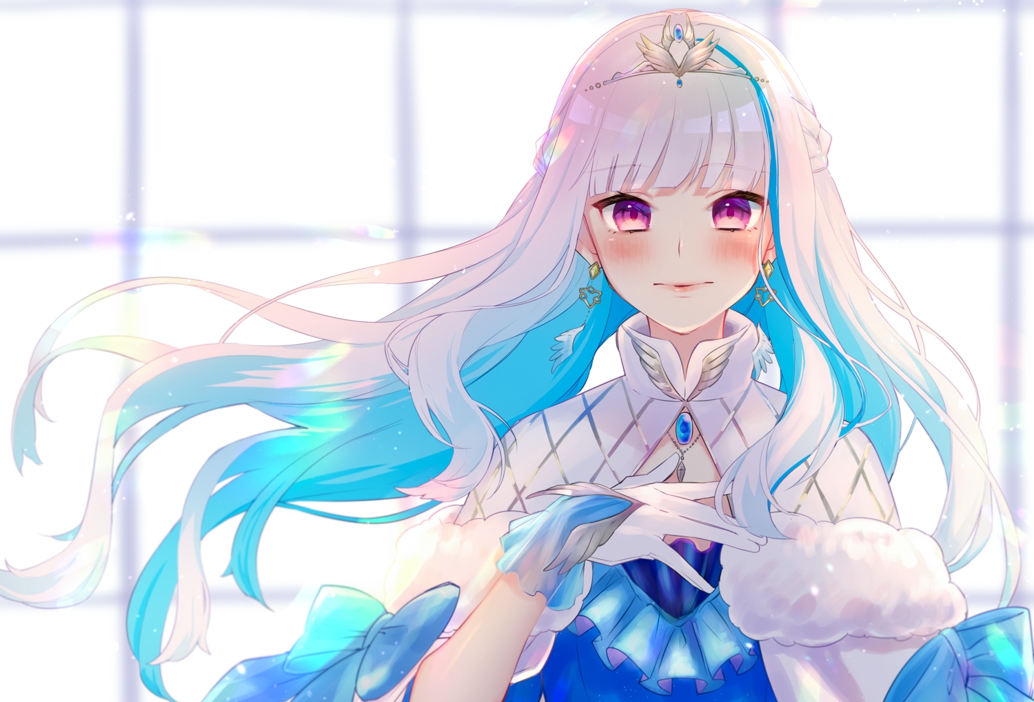 blush, chiyomaru_(yumichiyo0606), gloves, gray_hair, lize_helesta, long_hair, nijisanji, purple_eyes