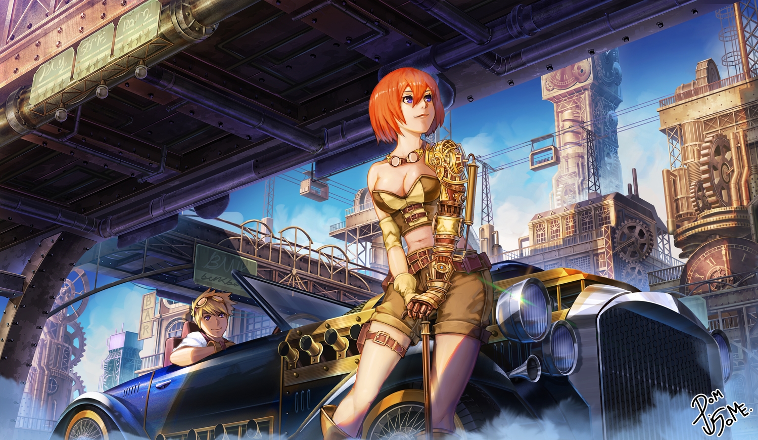 blonde_hair, blue_eyes, breasts, building, car, city, cleavage, clouds