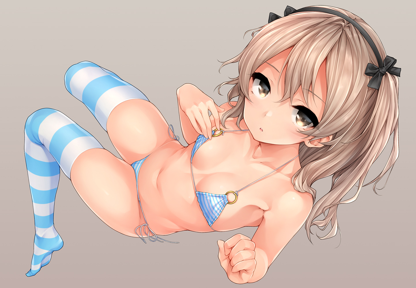 bikini, bow, breasts, brown_eyes, brown_hair, girls_und_panzer, gray, harino646, headband, loli, long_hair, navel, shimada_arisu, swimsuit, thighhighs