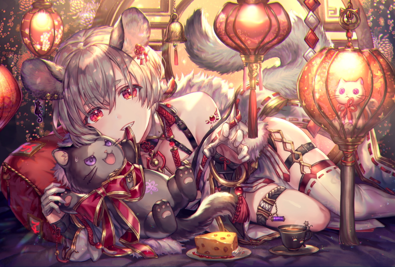 all_male, animal, animal_ears, bell, cat, drink, food, gloves