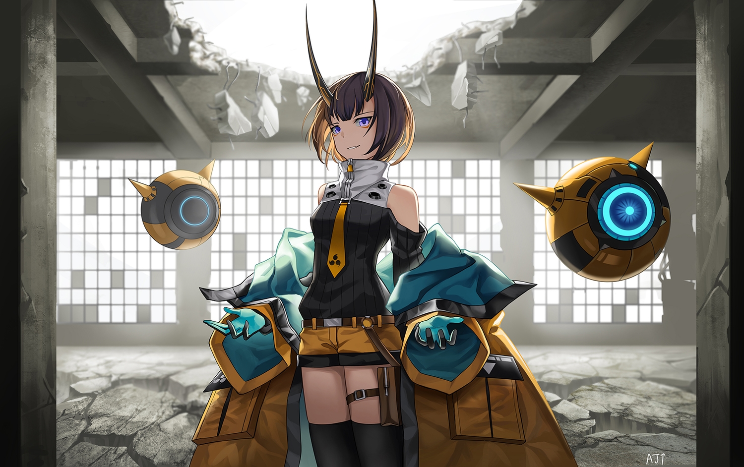 ark_john_up, black_hair, blue_eyes, garter, gloves, horns, original, robot, short_hair, shorts, signed, thighhighs, tie