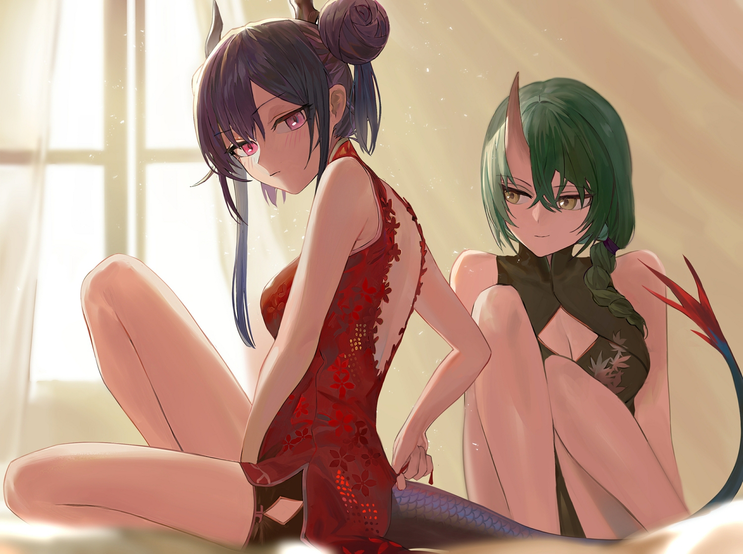 2girls, arknights, breasts, ch'en_(arknights), chinese_clothes, chinese_dress, cleavage, dress