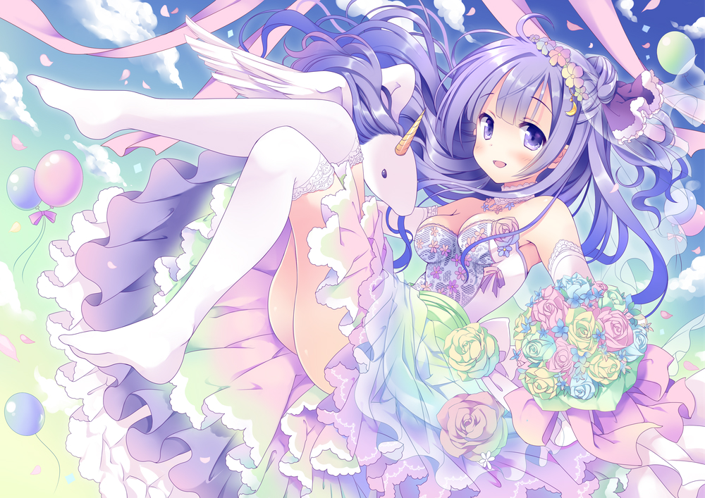 anthropomorphism, azur_lane, breasts, cleavage, dress, flowers, hoshino_koucha, long_hair, purple_hair, thighhighs, unicorn_(azur_lane), wedding_attire