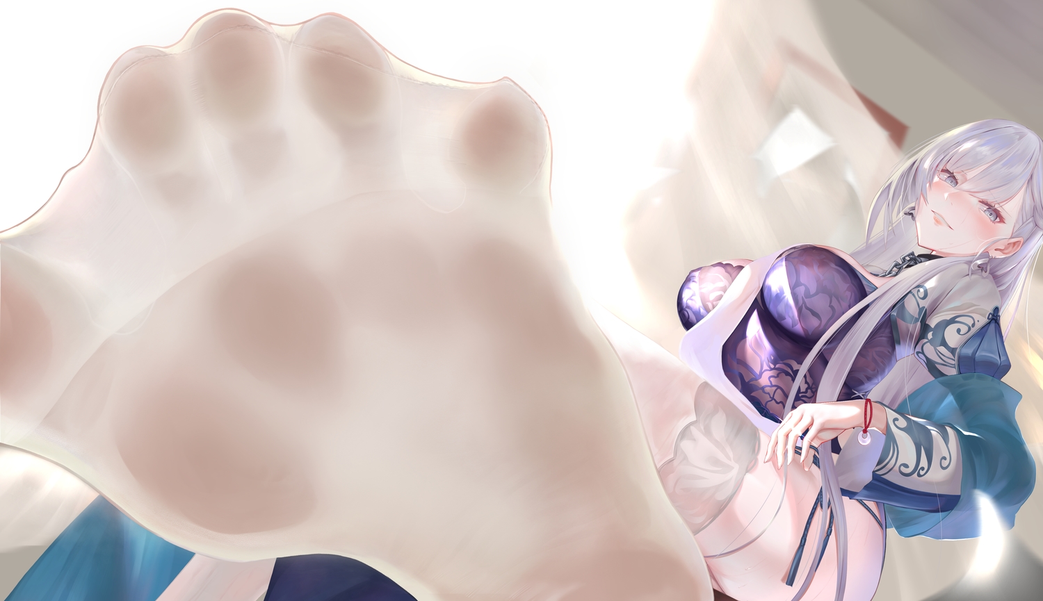 anthropomorphism, azur_lane, belfast_(azur_lane), blush, close, collar, garter, gray_eyes, gray_hair, long_hair, thighhighs, ursica, wristwear