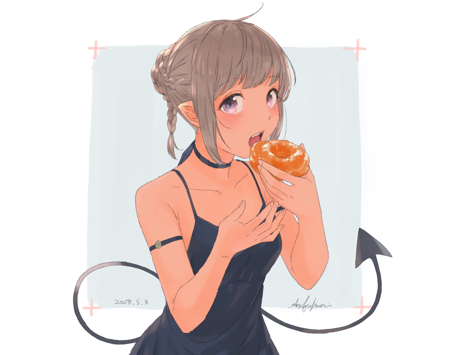 ao_fujimori, choker, demon, dress, fang, food, gray_hair, original, pointed_ears, purple_eyes, signed, summer_dress, tail