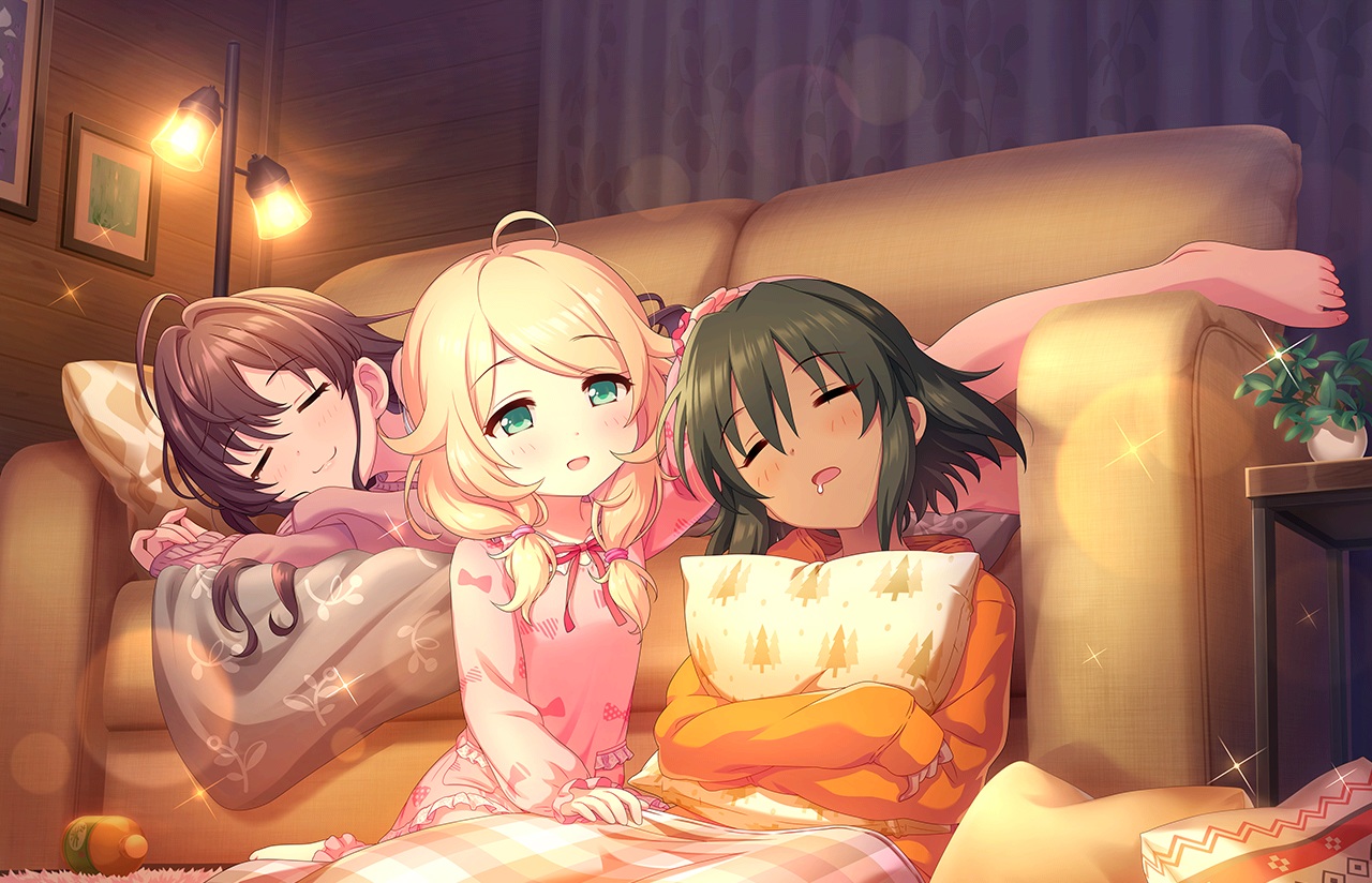 annin_doufu, barefoot, black_hair, blonde_hair, brown_hair, couch, dark_skin, green_eyes, hood, ichinose_shiki, idolmaster, idolmaster_cinderella_girls, idolmaster_cinderella_girls_starlight_stage, loli, natalia_(idolmaster), pajamas, short_hair, sleeping, twintails, yusa_kozue
