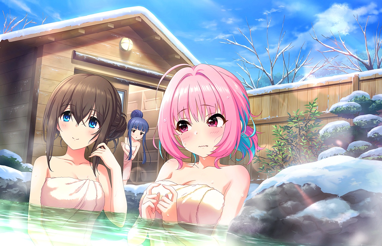 annin_doufu, aqua_eyes, blue_hair, breasts, brown_hair, building, cleavage, clouds