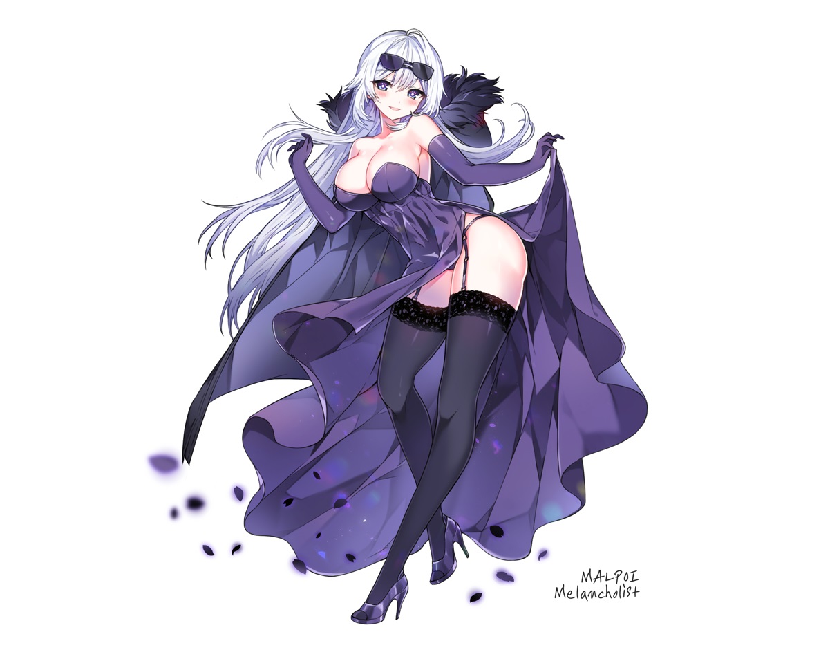 blue_eyes, breasts, cape, cleavage, dress, elbow_gloves, elsword, garter_belt, gloves, hood, long_hair, mal_poi, petals, signed, skirt_lift, stockings, sunglasses, white, white_hair