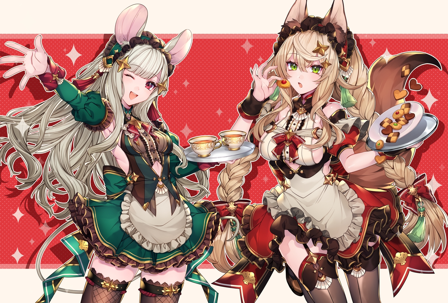 2girls, animal_ears, apron, blonde_hair, breasts, drink, food, foxgirl, garter_belt, gray_hair, green_eyes, headdress, katagiri_hachigou, long_hair, maid, mousegirl, original, red_eyes, sideboob, stockings, tail, thighhighs, wink, wristwear, zettai_ryouiki