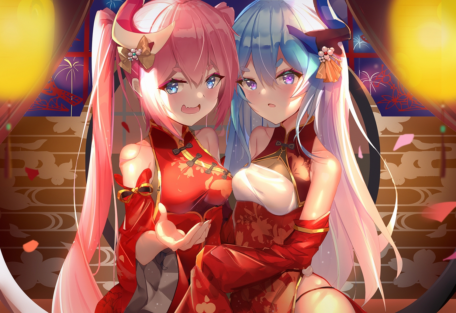 2girls, aqua_eyes, breasts, chinese_clothes, chinese_dress, cleavage, dress, fang