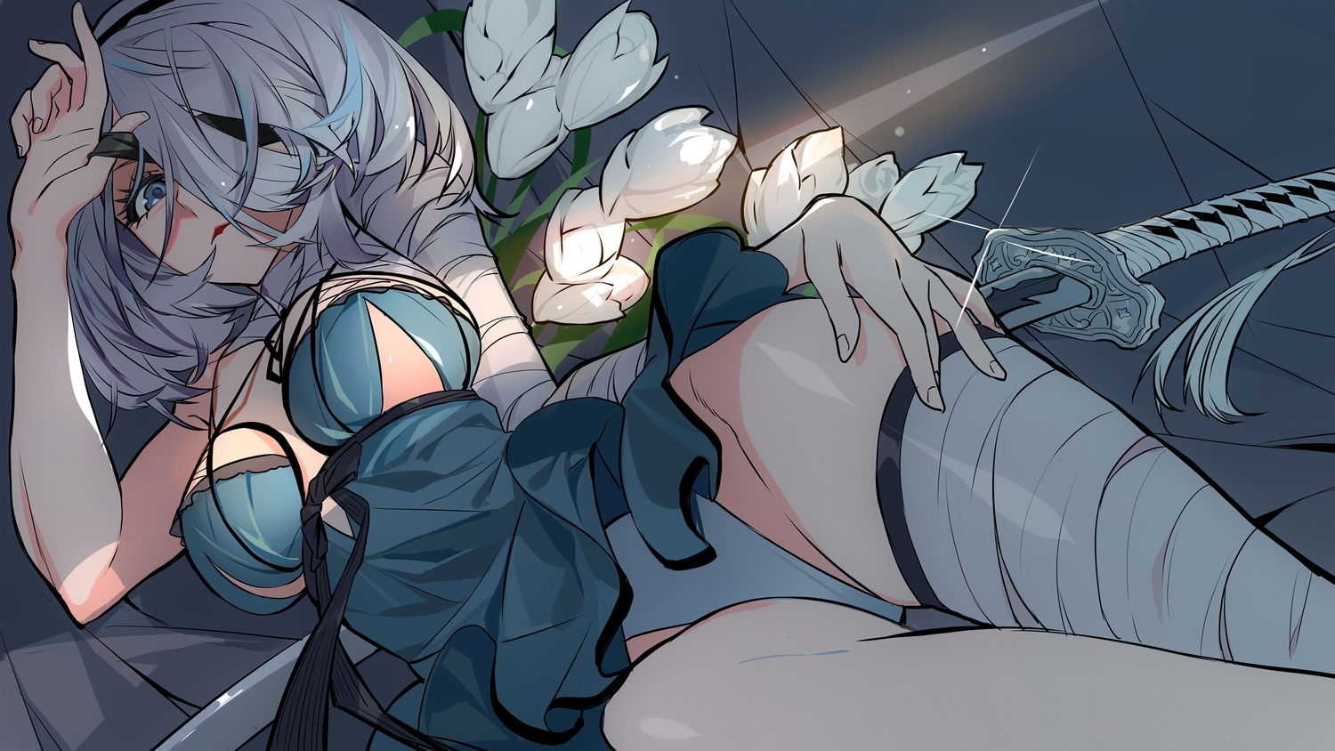 bandage, blindfold, blue_eyes, cosplay, flowers, grandialee, gray_hair, katana