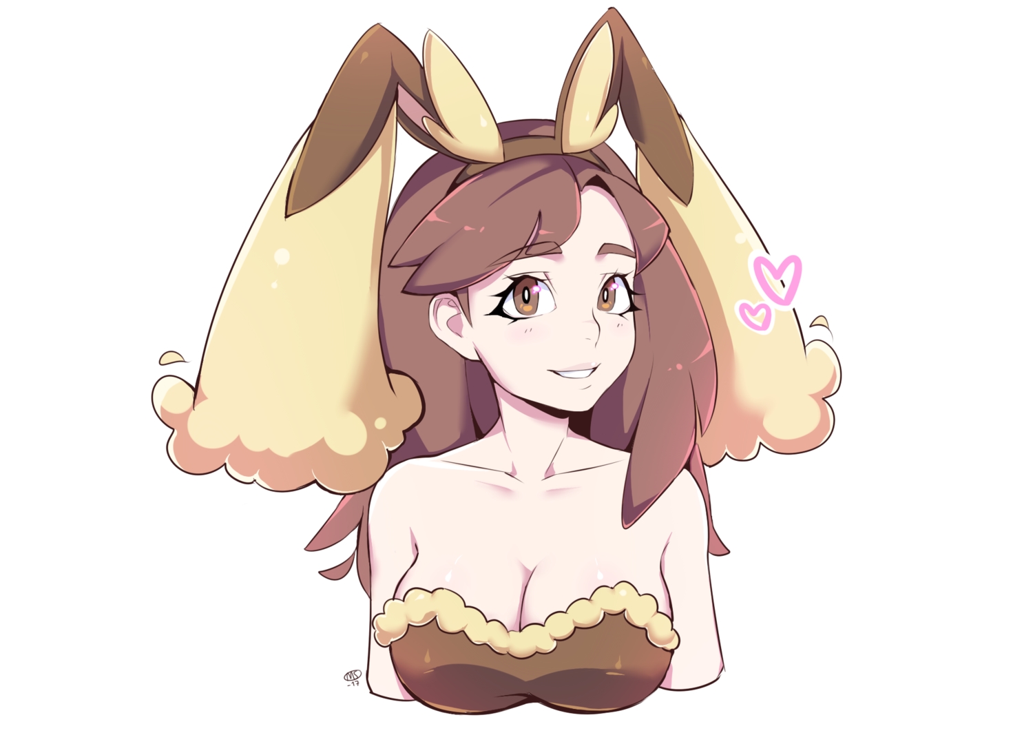 animal_ears, breasts, brown_eyes, brown_hair, bunny_ears, bunnygirl, cleavage, cosplay, headband, milka_(milk4ppl), pokemon, pokemon_breeder, signed, white