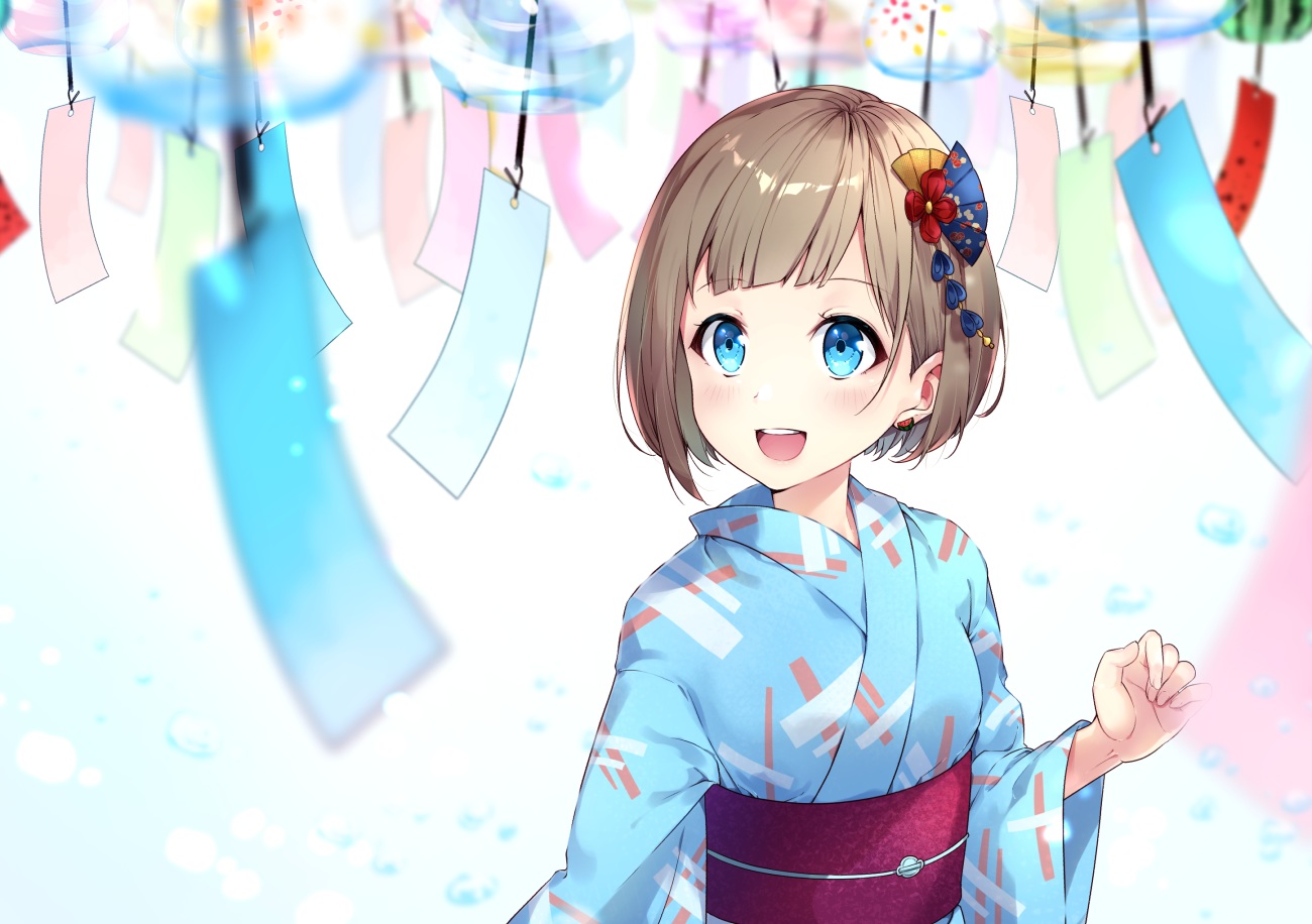 aqua_eyes, blush, bon_(bonbon315), brown_hair, japanese_clothes, original, short_hair, white