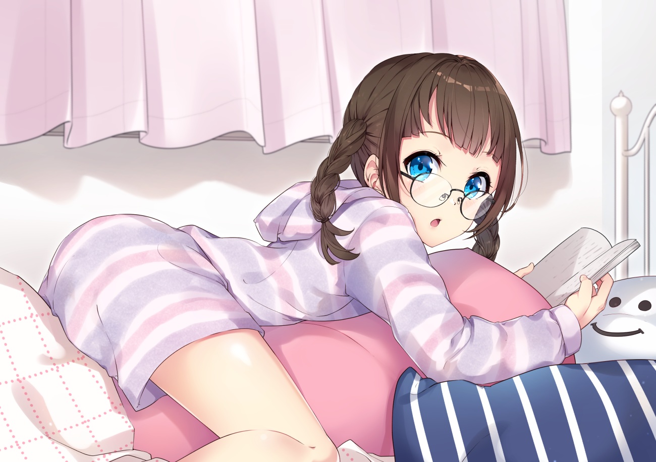 aqua_eyes, bed, bon_(bonbon315), book, braids, brown_hair, glasses, hood