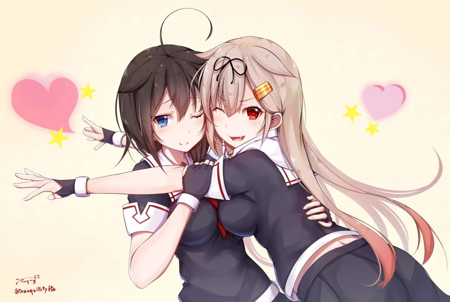 2girls, anthropomorphism, baileys_(tranquillity650), blonde_hair, blue_eyes, breasts, brown_hair, fang