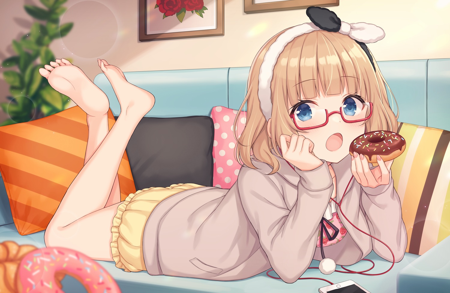 barefoot, couch, food, glasses, headband, headphones, nagisa3710, original