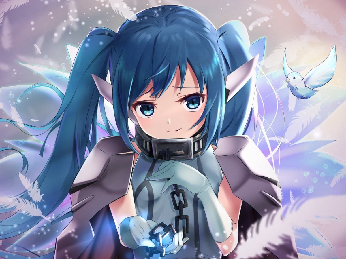 animal, aqua_eyes, armor, bird, blue_hair, cape, chain, close