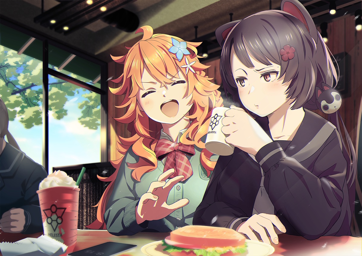 2girls, animal_ears, black_hair, bow, brown_eyes, doggirl, drink, food