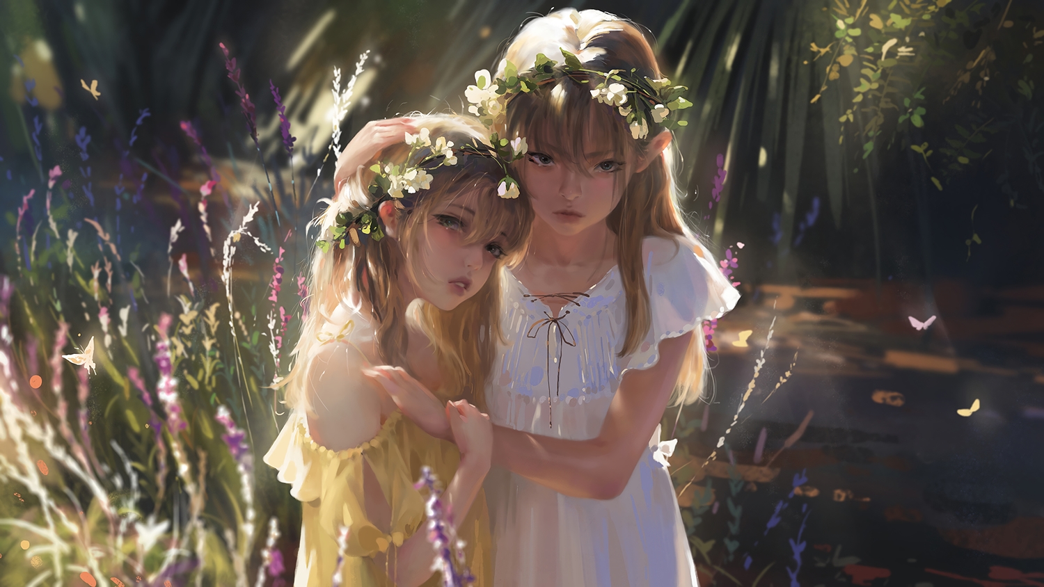 2girls, blonde_hair, blue_eyes, butterfly, dress, flowers, forest, g-tz