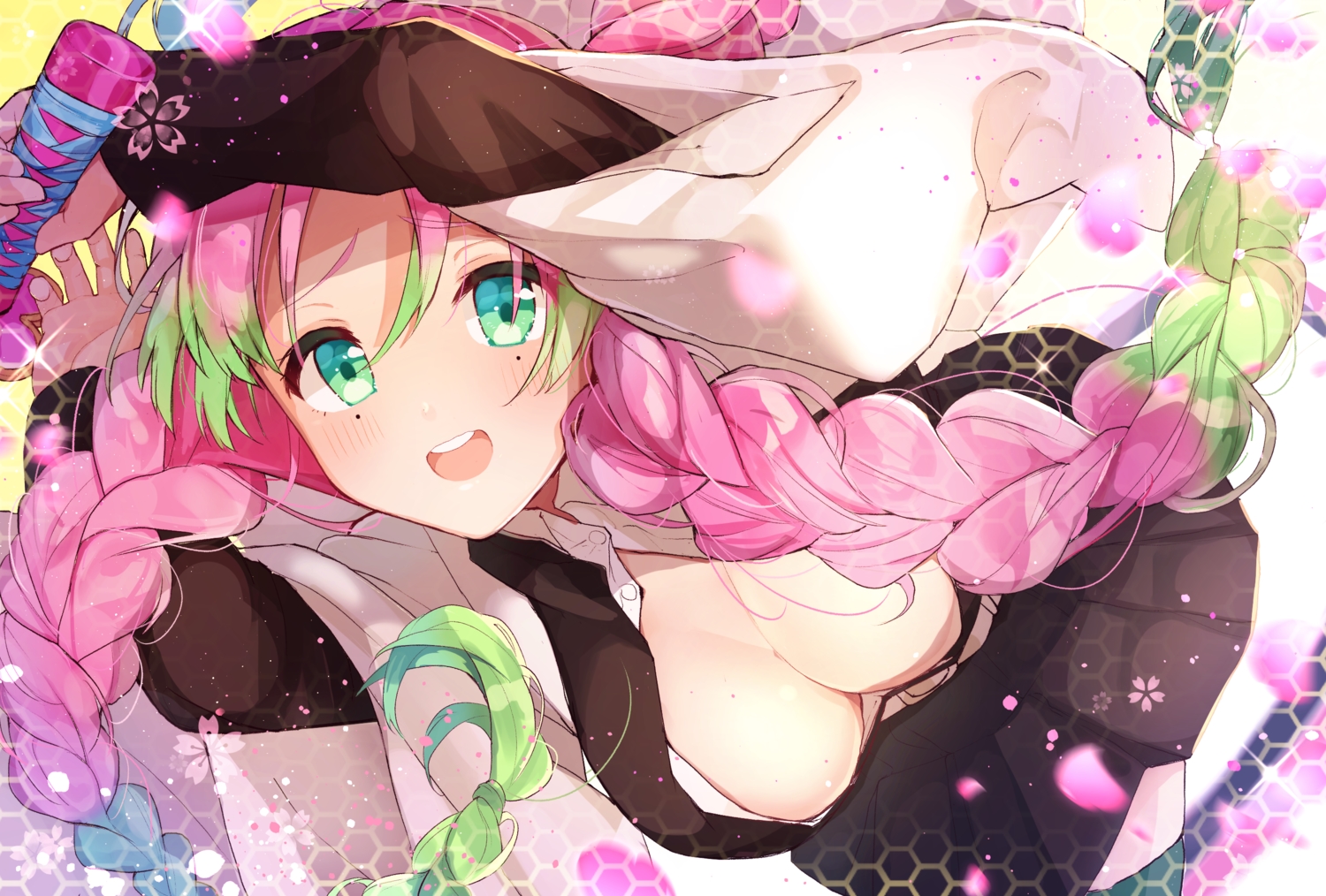braids, breasts, cleavage, close, goroo_(eneosu), green_eyes, japanese_clothes, kanroji_mitsuri