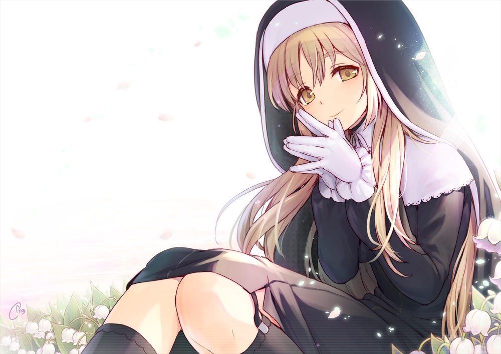 brown_eyes, brown_hair, flowers, gloves, headdress, kneehighs, long_hair, nijisanji, nun, piro_(orip), sister_cleaire