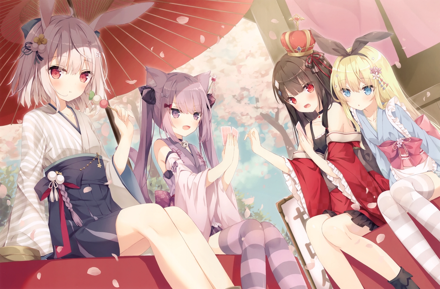 animal_ears, aqua_eyes, blonde_hair, brown_hair, bunny_ears, bunnygirl, catgirl, food