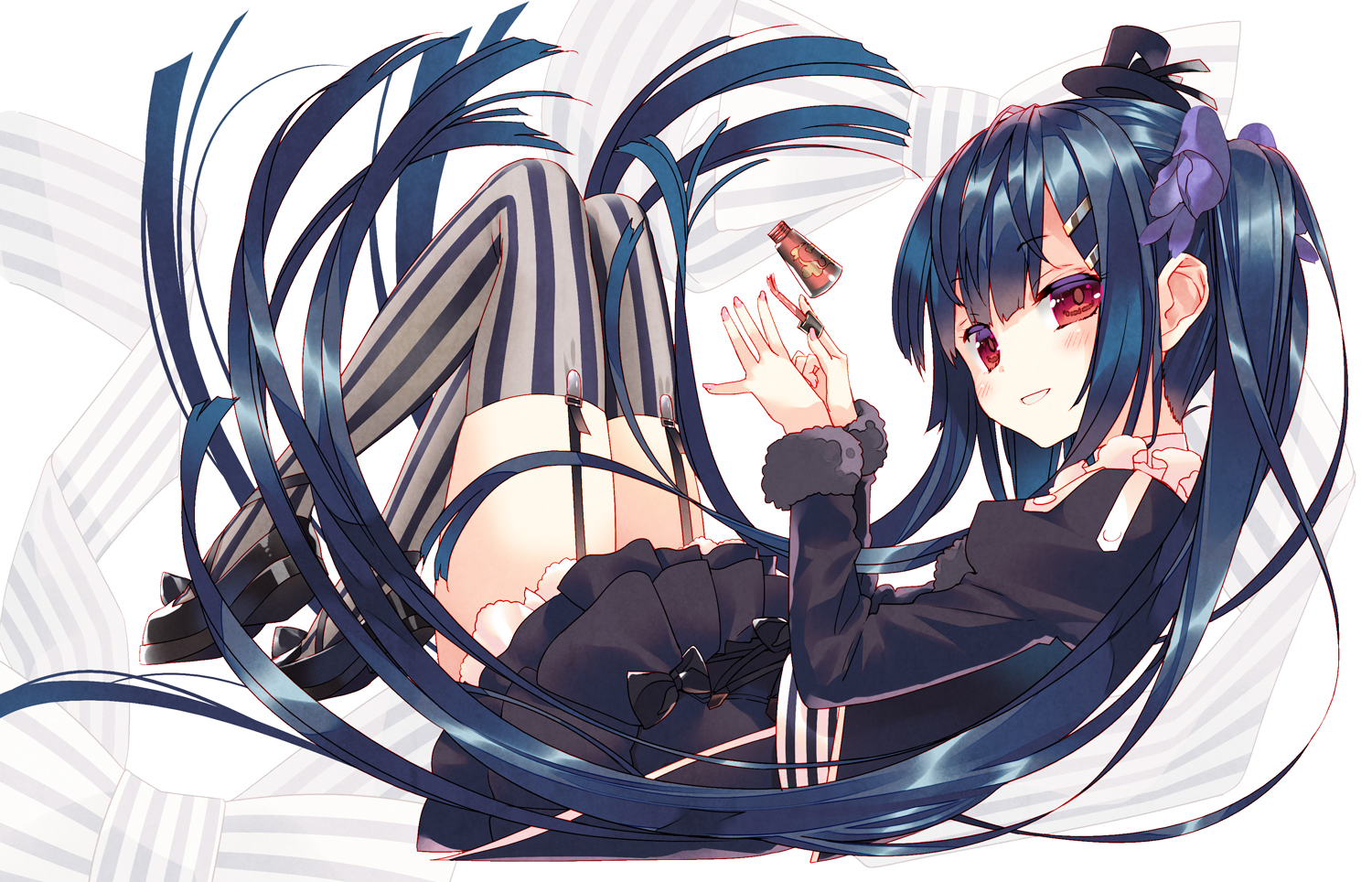 anthropomorphism, arikawa_satoru, blue_hair, blush, flower_knight_girl, garter_belt, goth-loli, hat