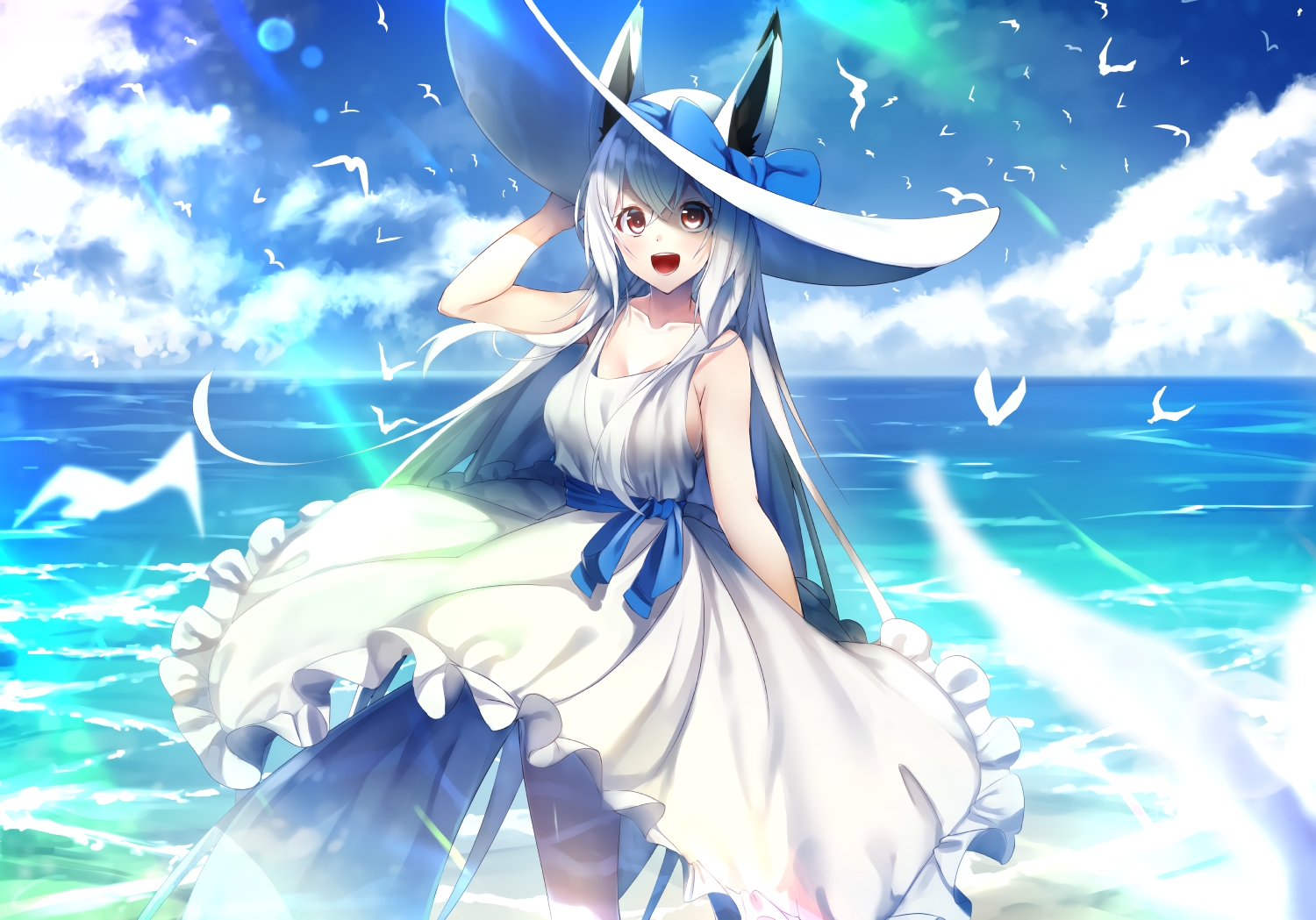 animal_ears, breasts, foxgirl, long_hair, orange_eyes, original, shiro_youduki, sideboob