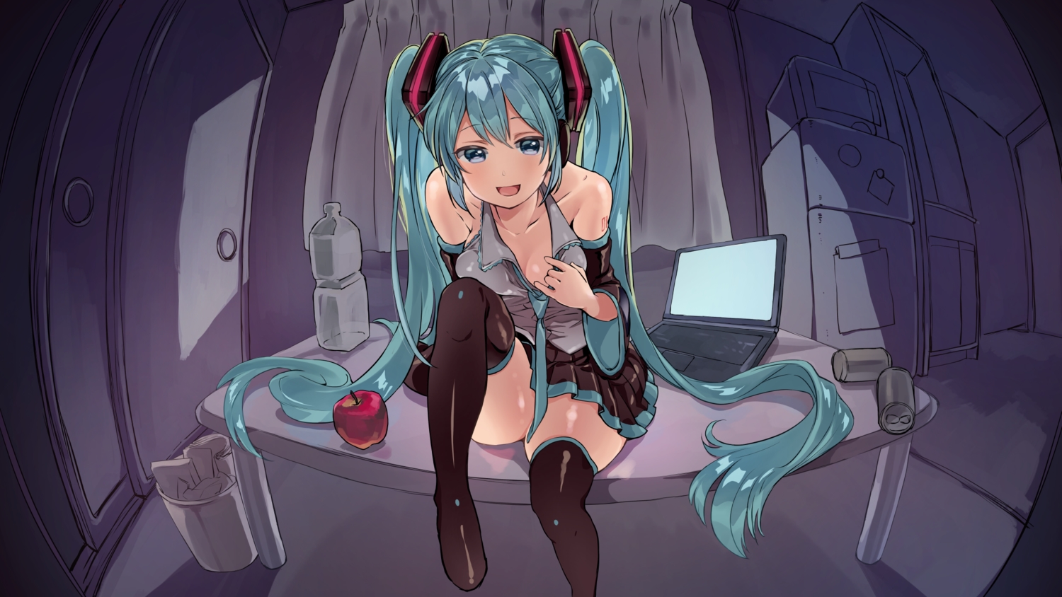 apple, aqua_eyes, aqua_hair, boots, breasts, cleavage, computer, dark
