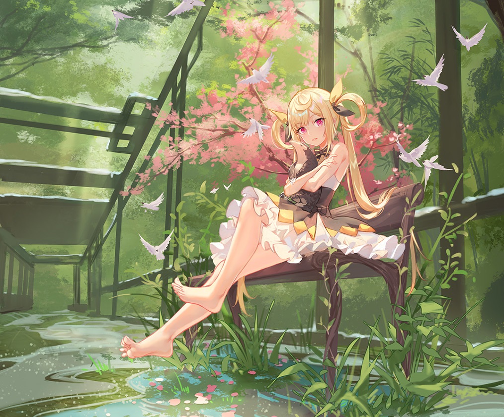 animal, atdan, barefoot, bird, blonde_hair, bow, cropped, dress