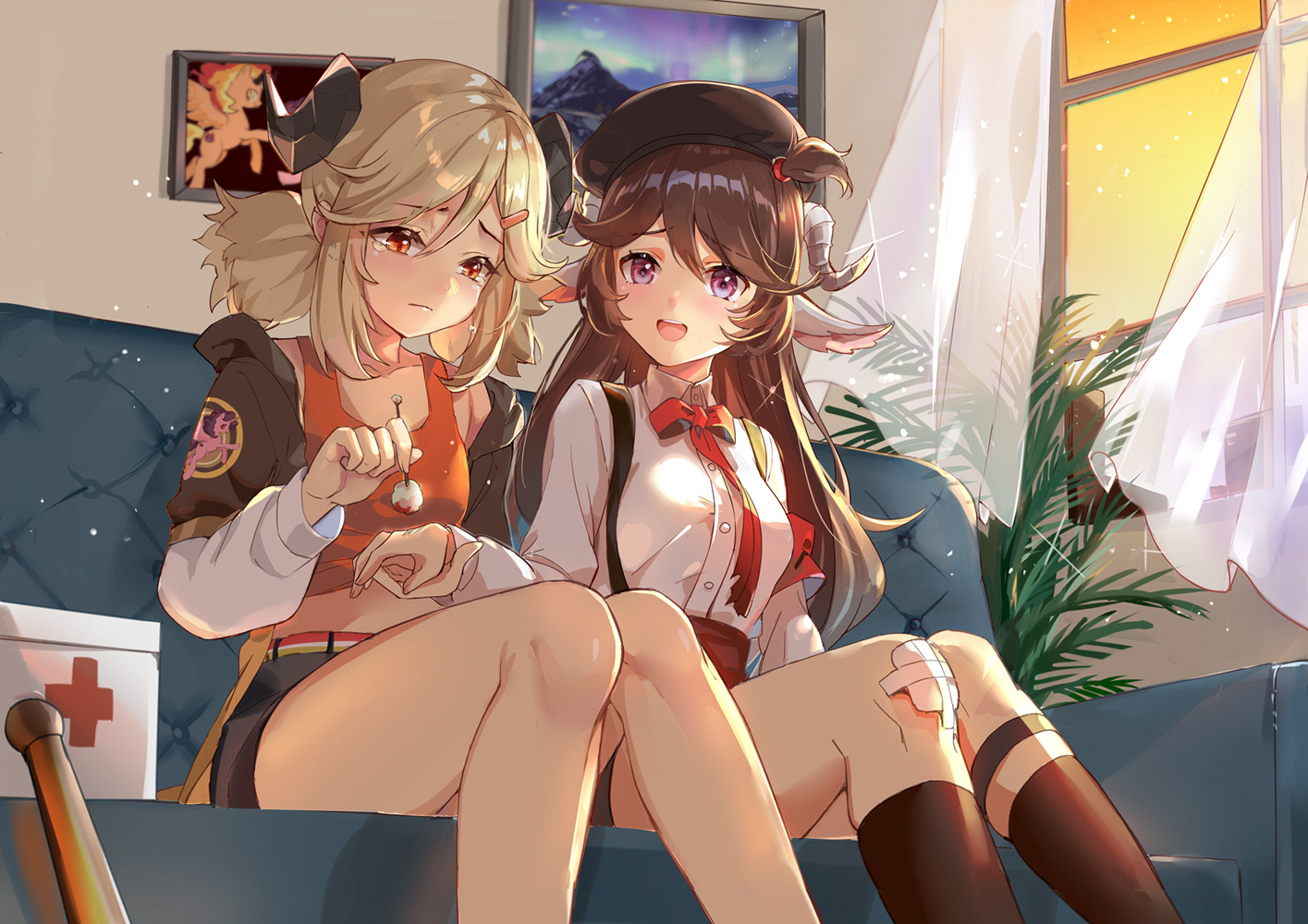 2girls, animal_ears, arknights, blonde_hair, brown_hair, bxr, eyjafjalla_(arknights), horns
