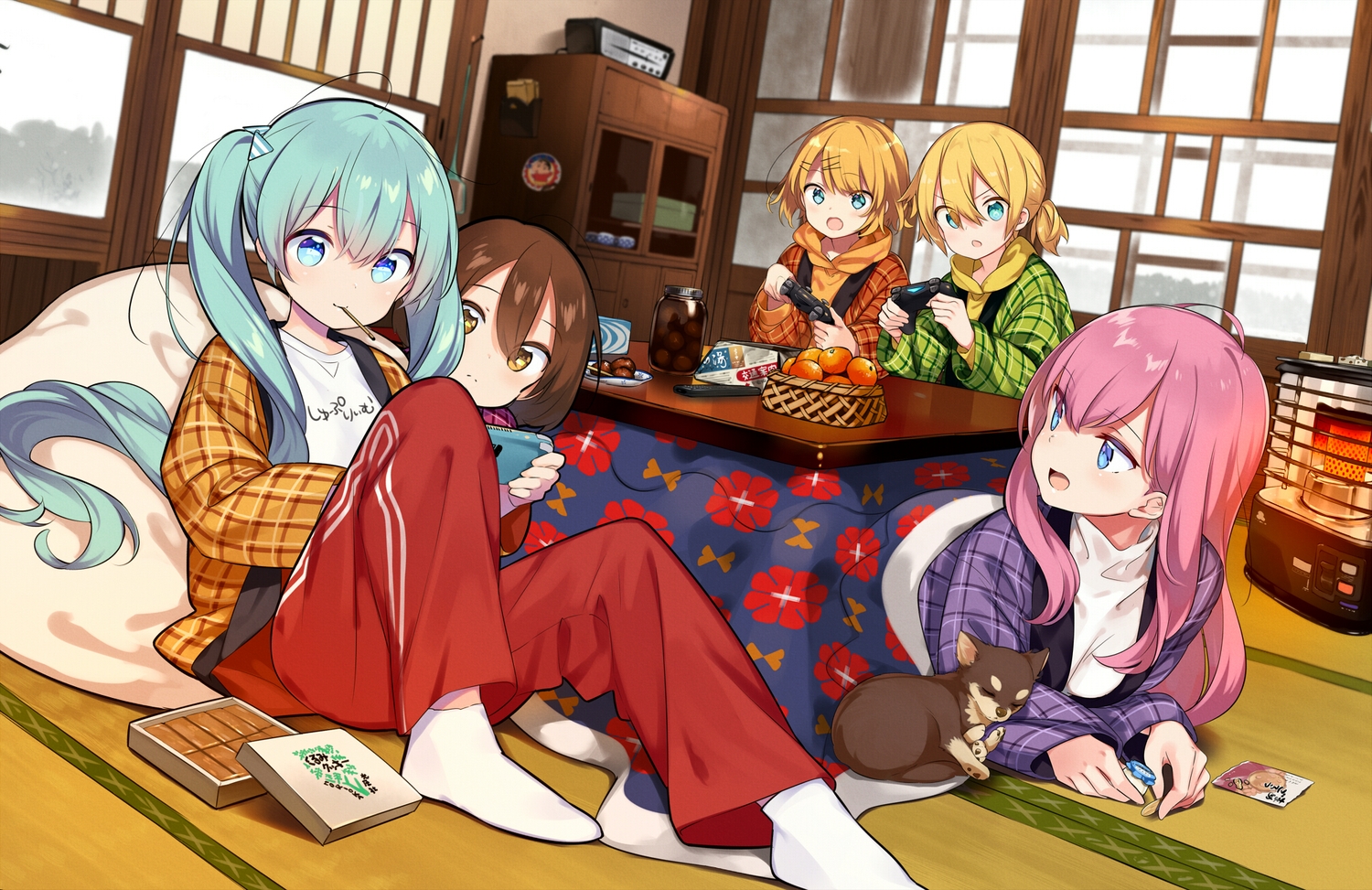 animal, blonde_hair, blue_eyes, blush, brown_hair, crayon_shin-chan, dog, food, fruit, game_console, green_hair, group, hatsune_miku, kagamine_len, kagamine_rin, kiya_machi, kotatsu, long_hair, male, megurine_luka, meiko, orange_(fruit), pink_hair, short_hair, socks, twintails, vocaloid, yellow_eyes