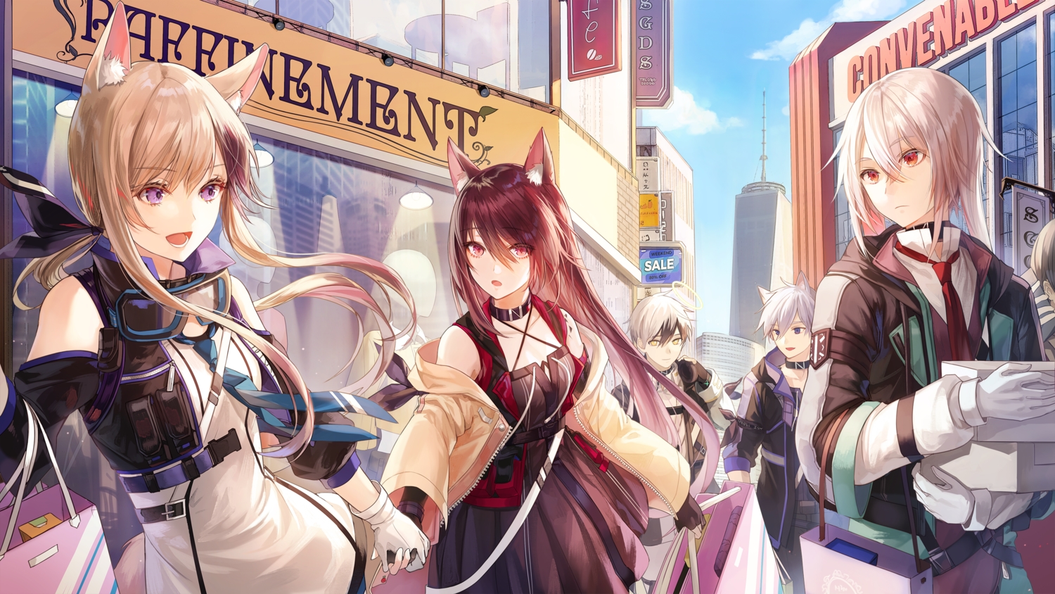 adnachiel_(arknights), animal_ears, ansel_(arknights), arknights, building, cardigan_(arknights), city, doggirl, group, kim_eb, male, melantha_(arknights), steward_(arknights)