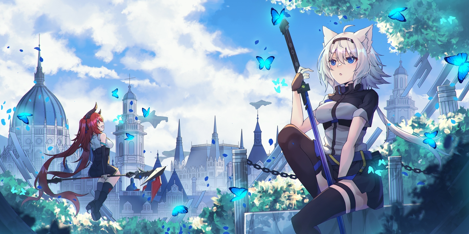 2girls, animal_ears, ashisi, building, butterfly, clouds, mage, original