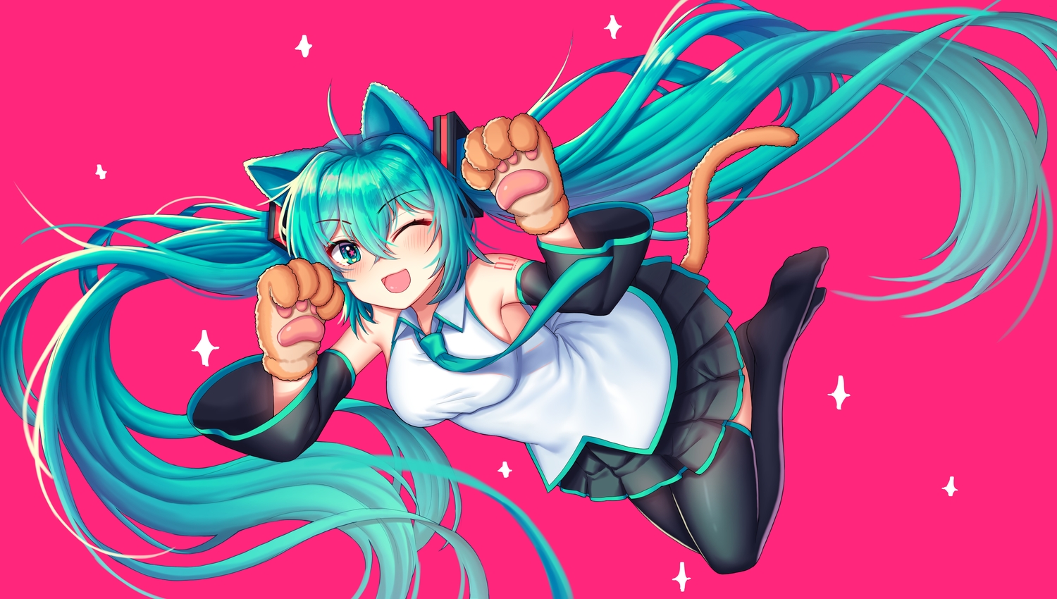animal_ears, aqua_eyes, aqua_hair, blush, catgirl, gloves, hatsune_miku, kk_(aky2374)