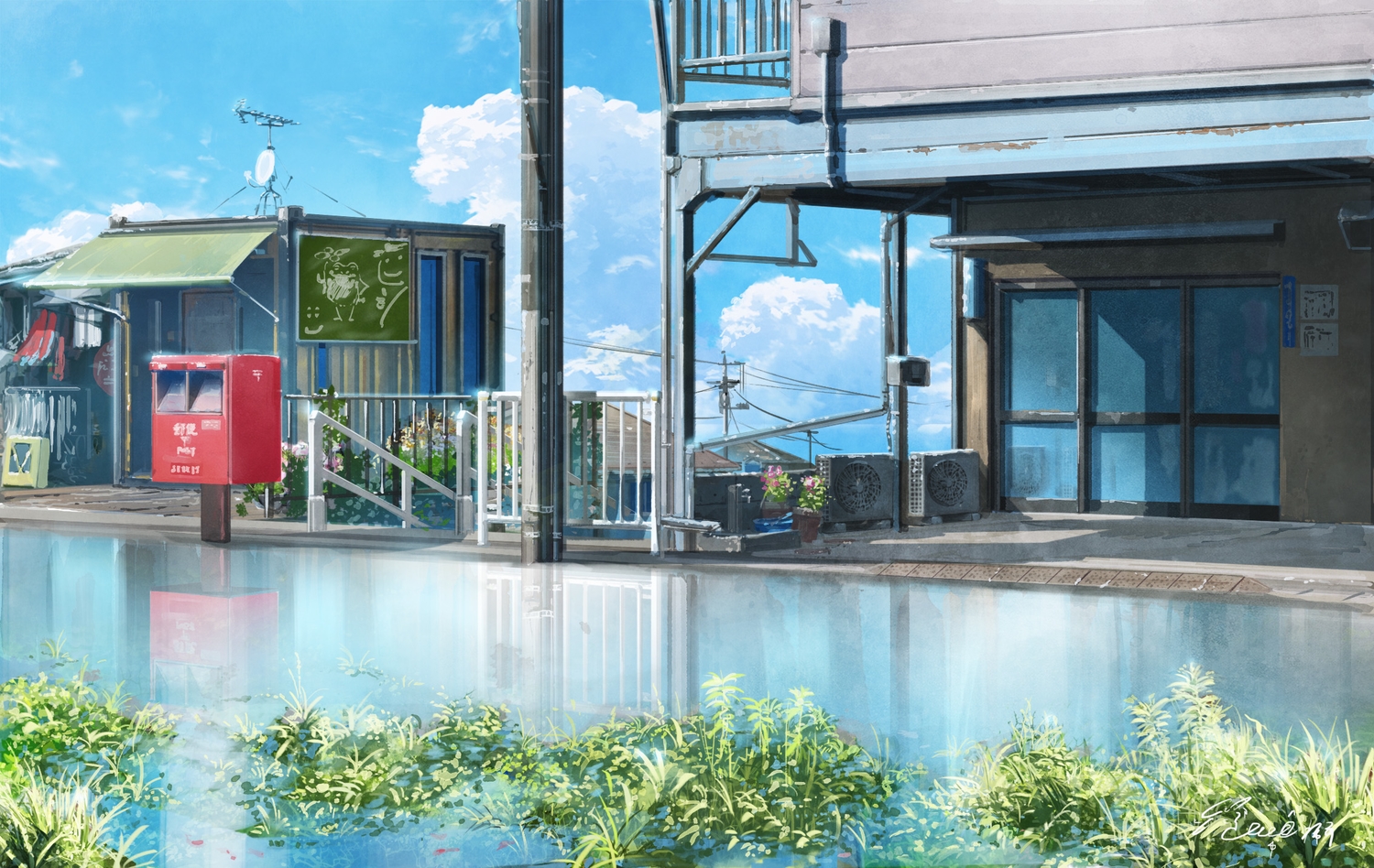 clouds, grass, hachiya_shohei, no_humans, original, reflection, signed, sky, water