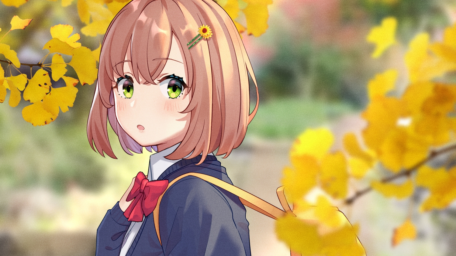 autumn, close, green_eyes, honma_himawari, kongbai, leaves, nijisanji, orange_hair