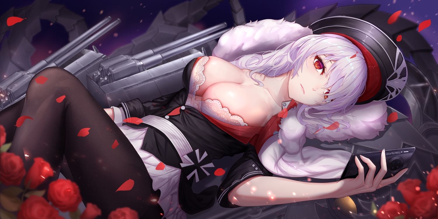 anthropomorphism, azur_lane, breasts, cleavage, graf_zeppelin_(azur_lane), gray_hair, long_hair, moyude_wangzi_jiang, pantyhose, red_eyes