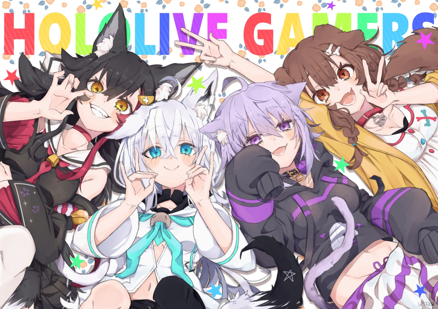 animal_ears, aqua_eyes, bell, black_hair, blush, brown_eyes, brown_hair, catgirl, cat_smile, choker, collar, doggirl, fang, foxgirl, hololive, hood, inugami_korone, japanese_clothes, long_hair, navel, nekomata_okayu, ookami_mio, pochimoto, purple_eyes, purple_hair, shirakami_fubuki, tail, white_hair, wolfgirl, yellow_eyes
