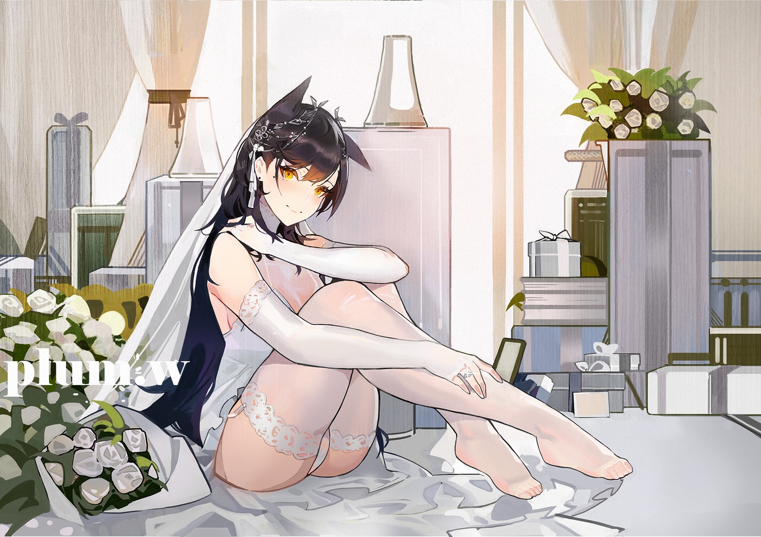 animal_ears, anthropomorphism, atago_(azur_lane), azur_lane, black_hair, doggirl, flowers, long_hair, orange_eyes, panties, plumw, underwear, wedding_attire