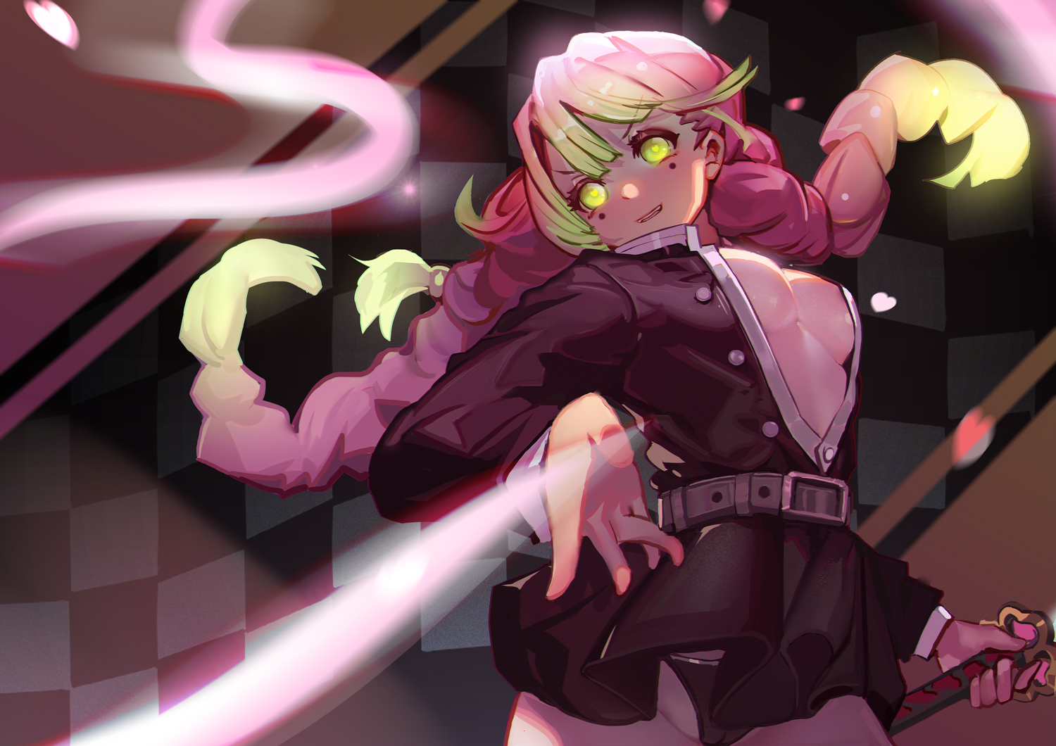 breasts, cameltoe, cleavage, green_eyes, hiroshi_(hiroshixhiss), kanroji_mitsuri, katana, kimetsu_no_yaiba, long_hair, panties, pink_hair, skirt_lift, sword, underwear, uniform, weapon